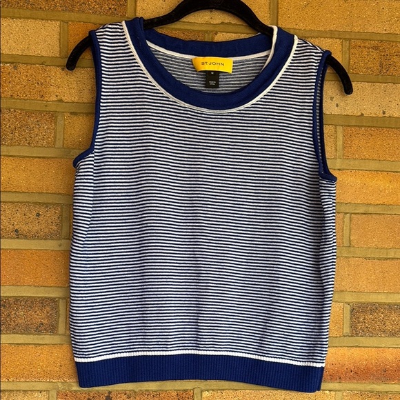 St. John Designer Blue and White Striped  Sleeveless Tank Top Rayon Wool M - Picture 1 of 7